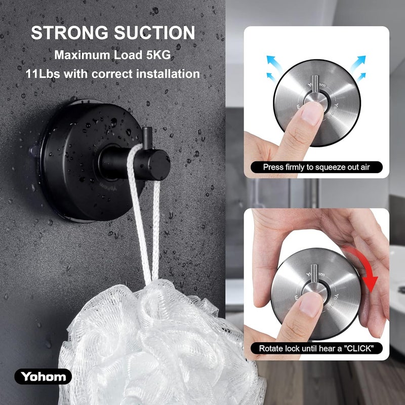 OHOM Suction Cup Hooks Shower Towel Holder Stainless Steel Vacuum Bathroom Shower Hook Suction Towel Rack Kitchen Organizer for Bathrobe Loofah Matte Black 4Pcs - Image 3